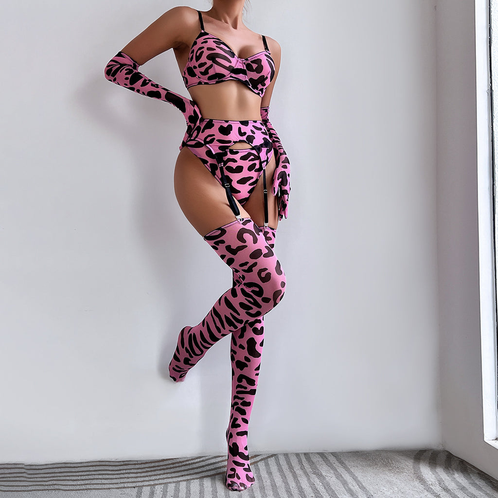 Leopard Print Bra Gloves Leg Sock Lingerie Set