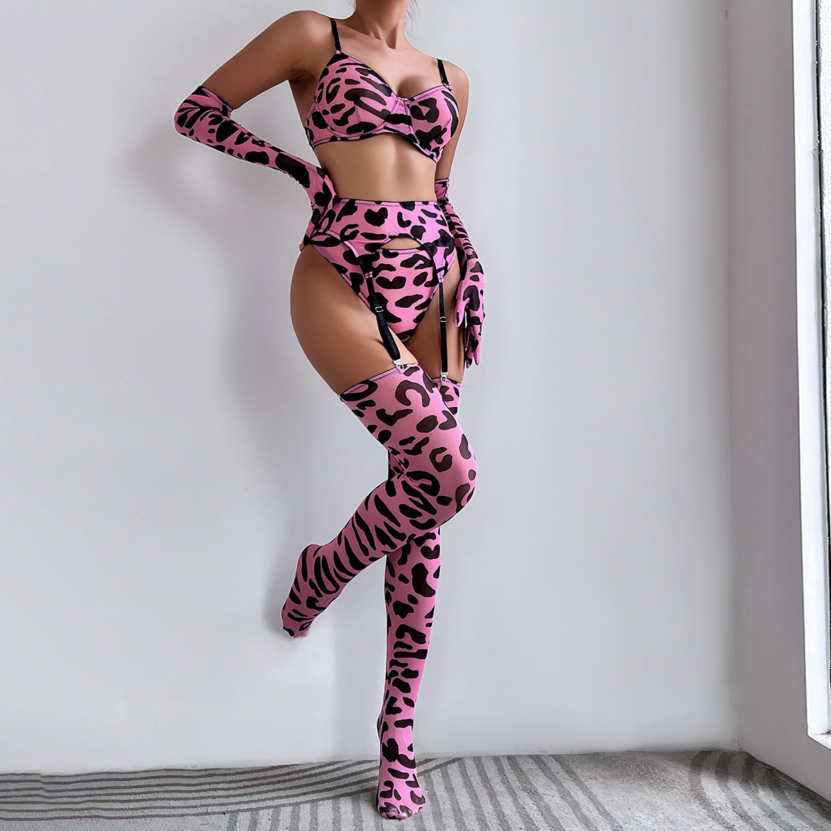 Leopard Print Bra Gloves Leg Sock Lingerie Set