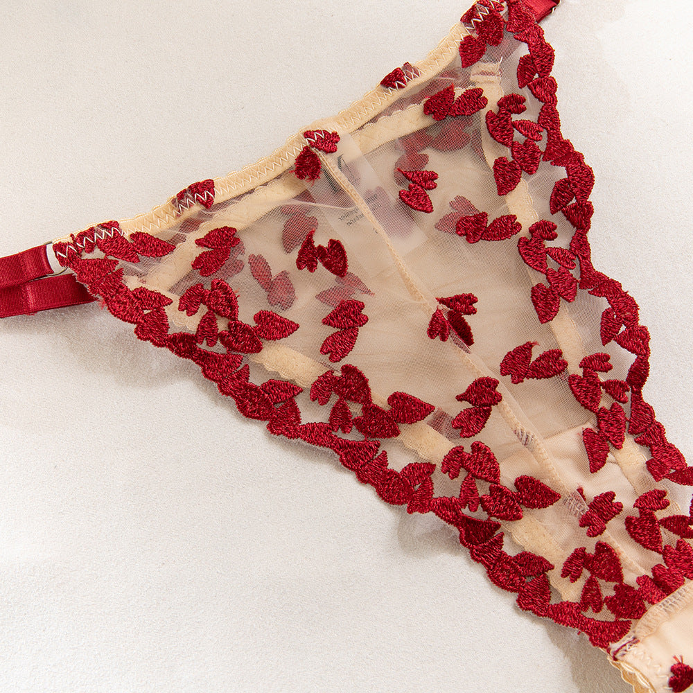 Red Floral Embroidery Sheer Lift Luxury Lingerie Set
