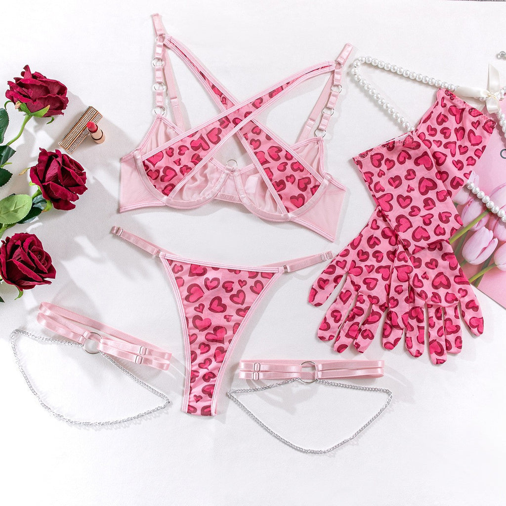 Leopard Print Mesh Lingerie Set with Chain, Gloves & Leg Ring