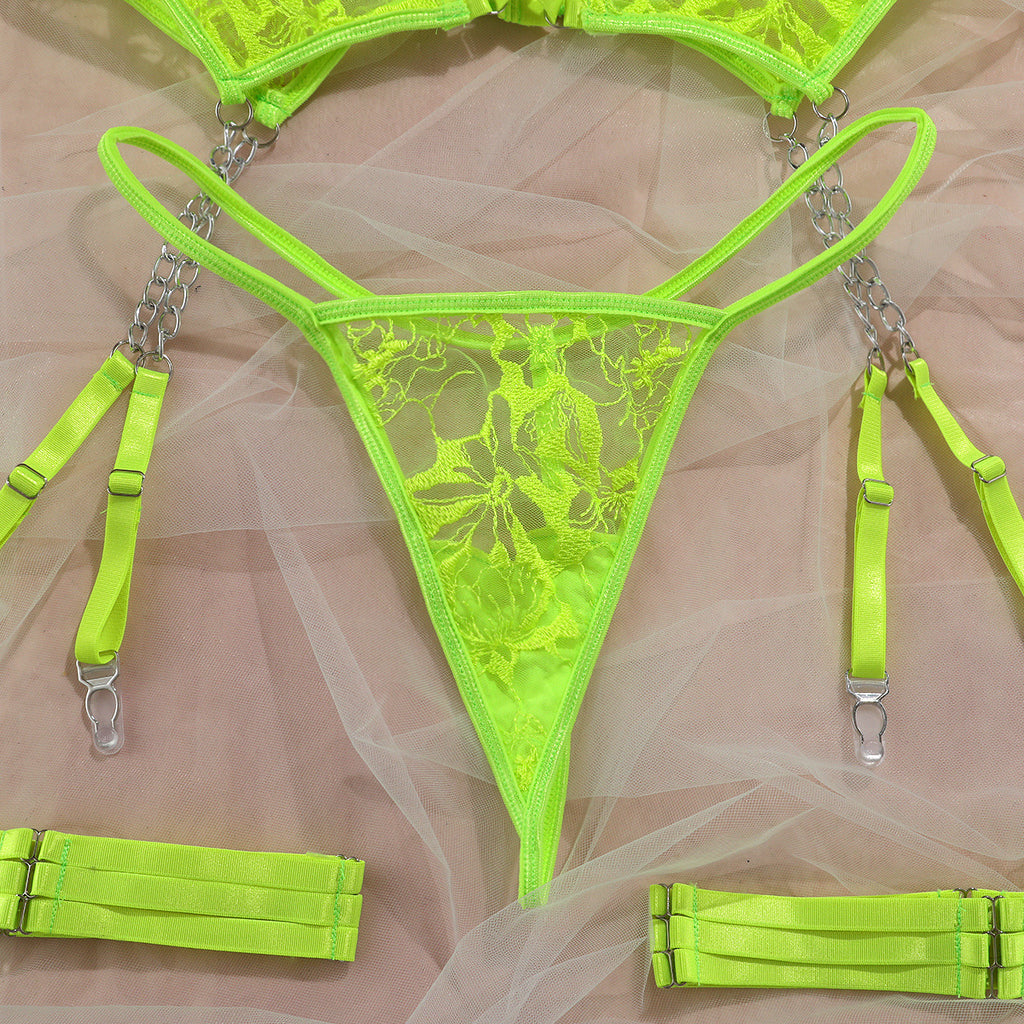 Mesh Embroidery Chain Garter Hollow Cross Lingerie Set