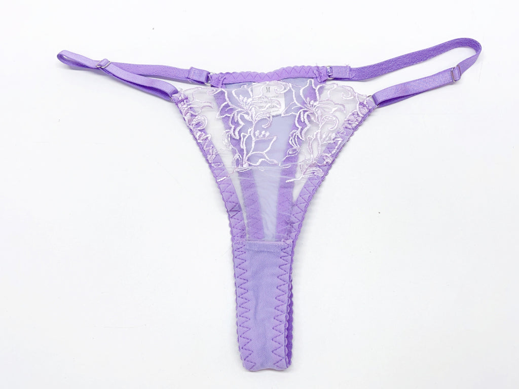 Lace Bra, Thong & Leg Ring Set – Sheer Embroidery, 3-Piece