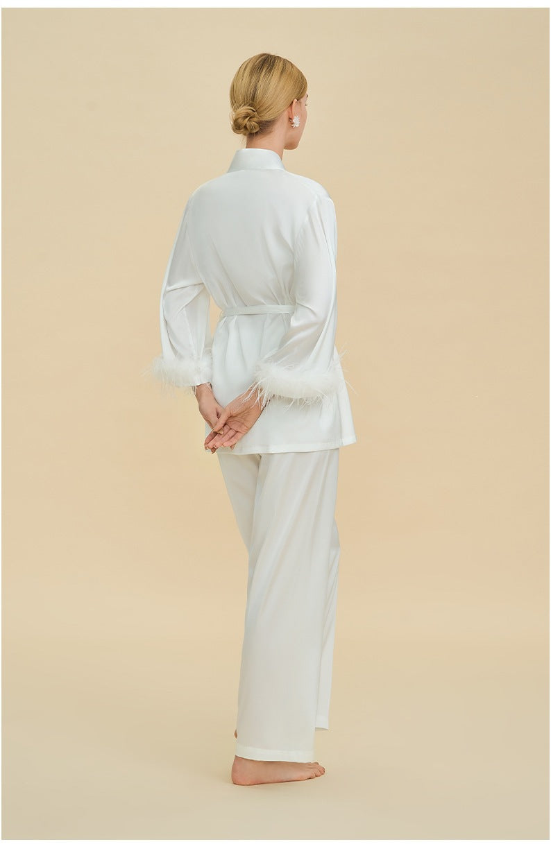 Feather Trim Long Sleeve Pajama Set | Detachable Luxury Loungewear