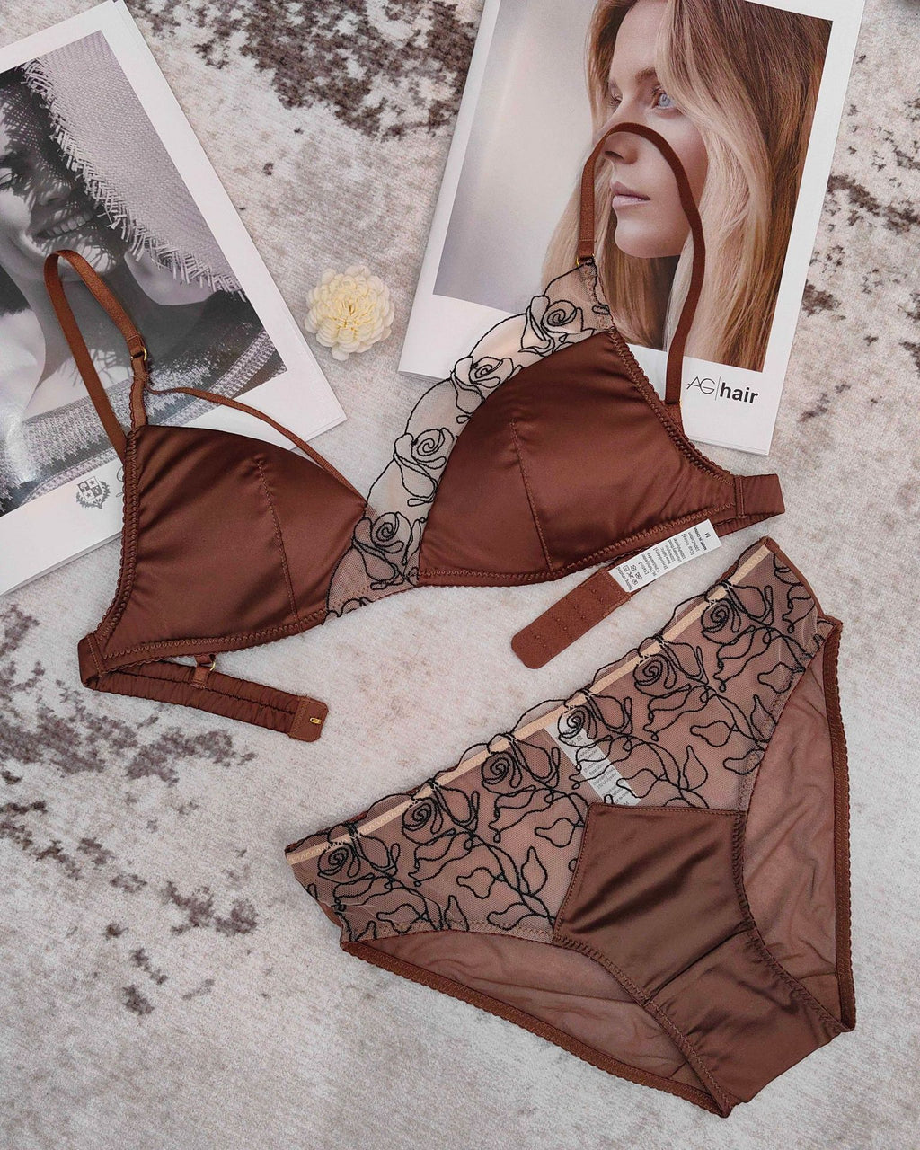 French Embroidered Lace Lingerie Set – Wireless Bra with Thong or Briefs | 5 Colors