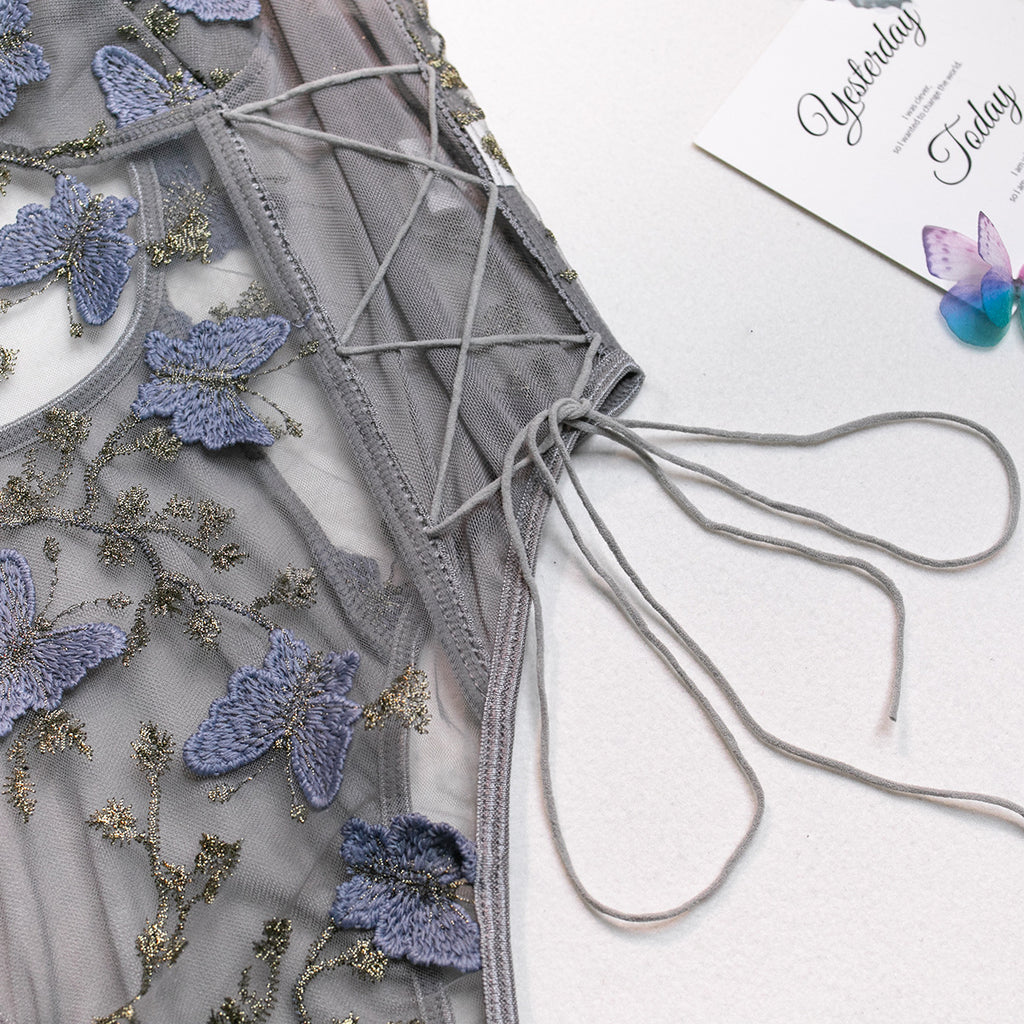 Butterfly Embroidery Slim Fit Bodysuit