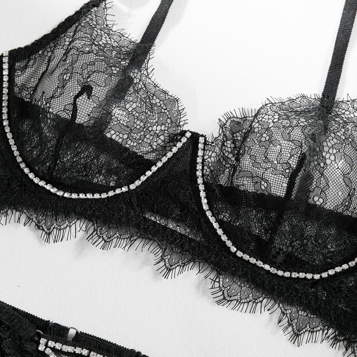 Crystal Lace Sheer Gathering Lingerie Four-Piece Set