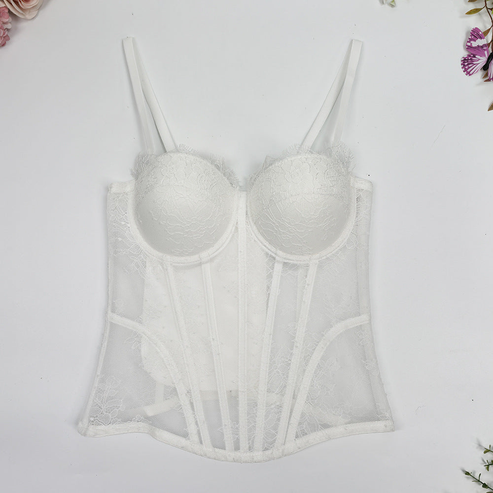 Lace Print Off-Shoulder Fishbone Corset Bra