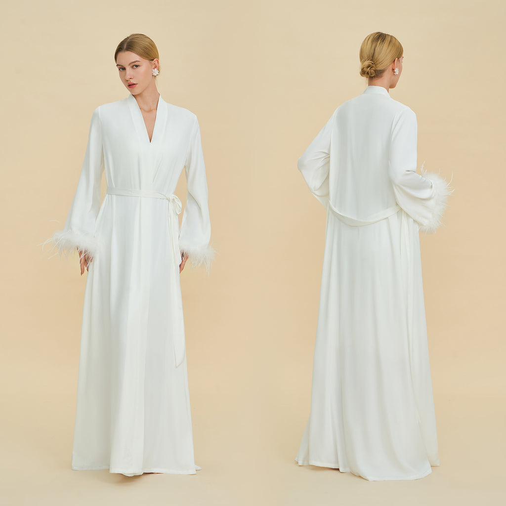 Feather Trim Luxury Robe | High-End Satin Bathrobe for Women