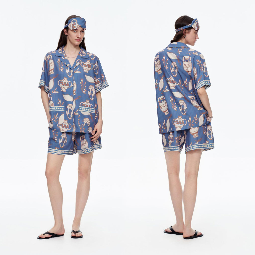 Jacquard Satin Shorts & Short-Sleeve Pajama Set — Luxury Loungewear