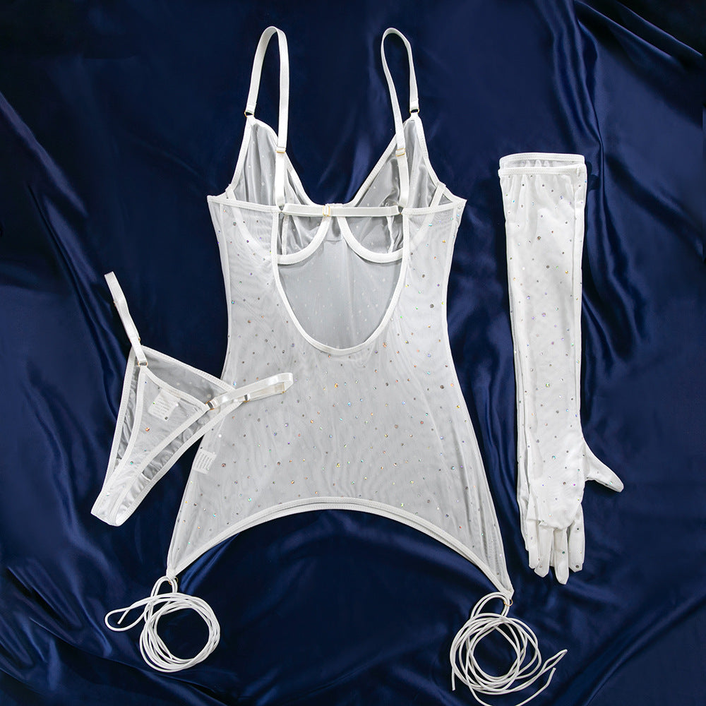 Sequin Underwire Sheer Bodycon Mini Dress with Gloves