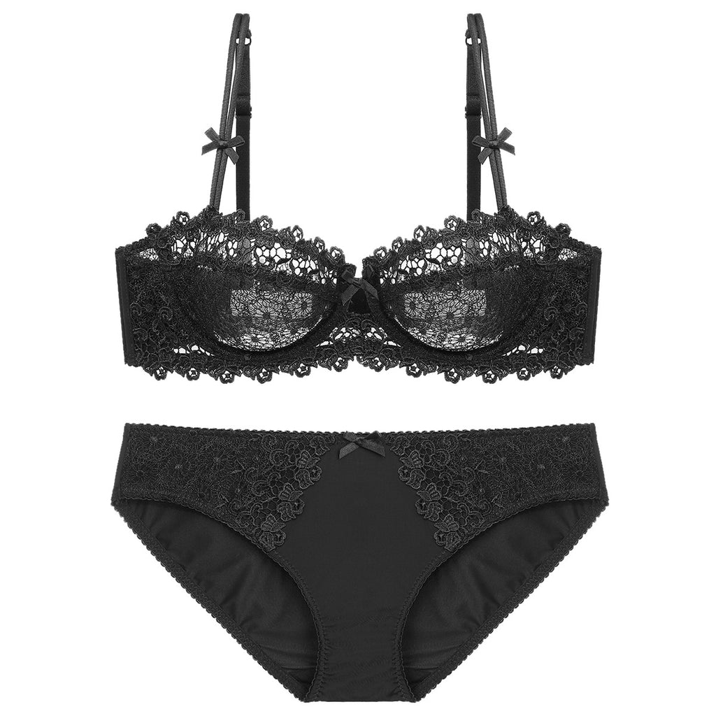 Half-Cup Embroidered Lace Push-Up Bra Set – Ultra-Thin, Enhancing | 4 Colors