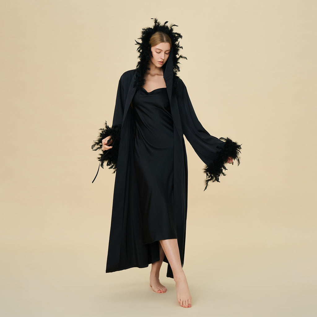 Slip Dress & Hooded Marabou Robe Set | Luxury Ice Silk Sleepwear