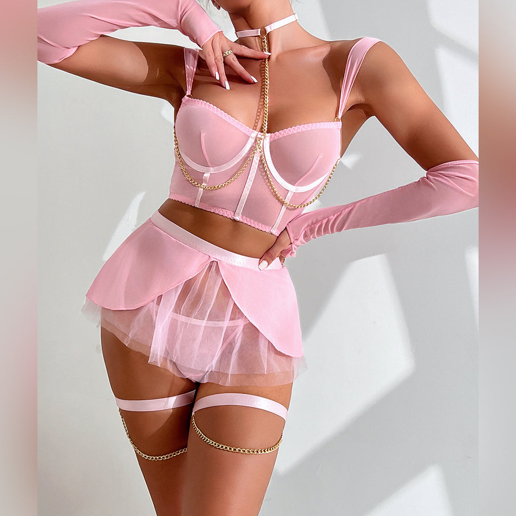 Sheer Mesh Skirt Chain Halter Glove