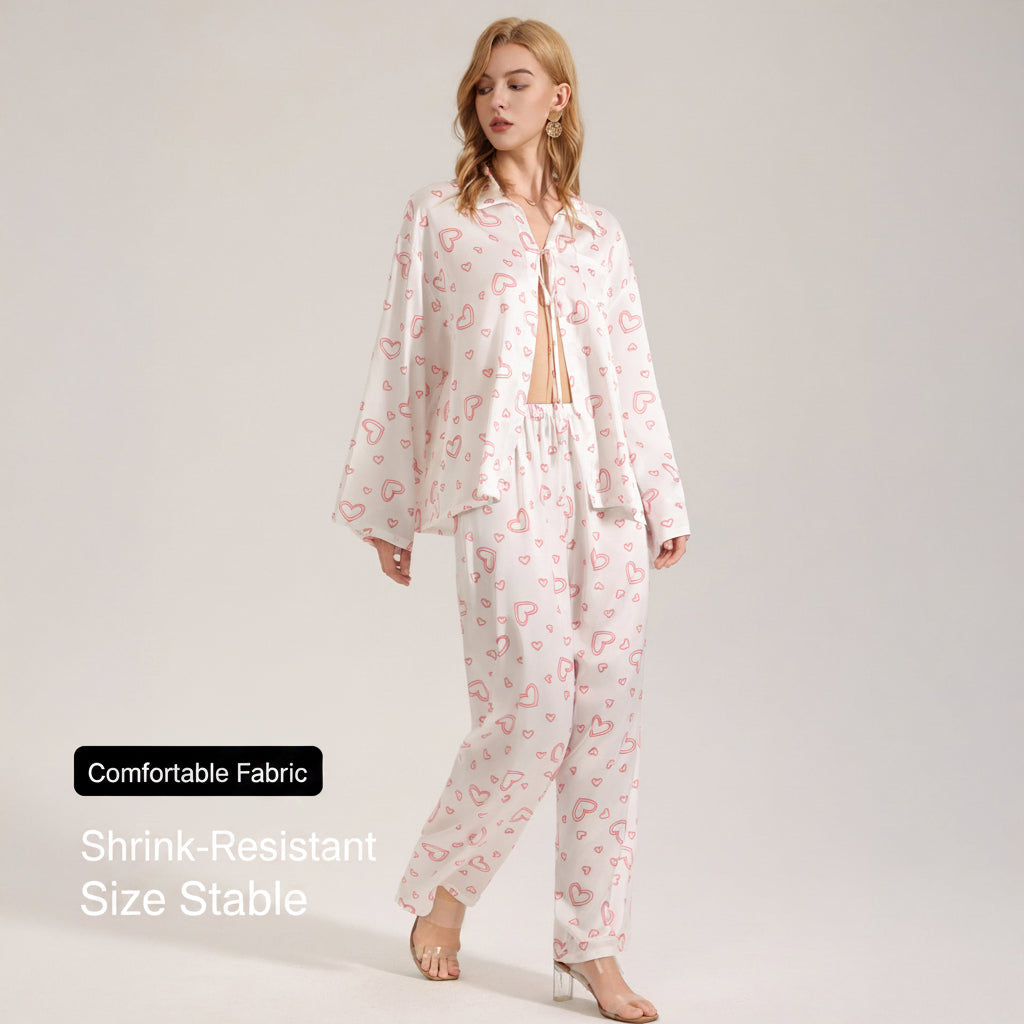 Heart Print Satin 3-Piece Pajama Set – Cami, Long Sleeve & Pants