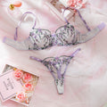 Lavender Floral Embroidery Bow Sheer Mesh Bra Set