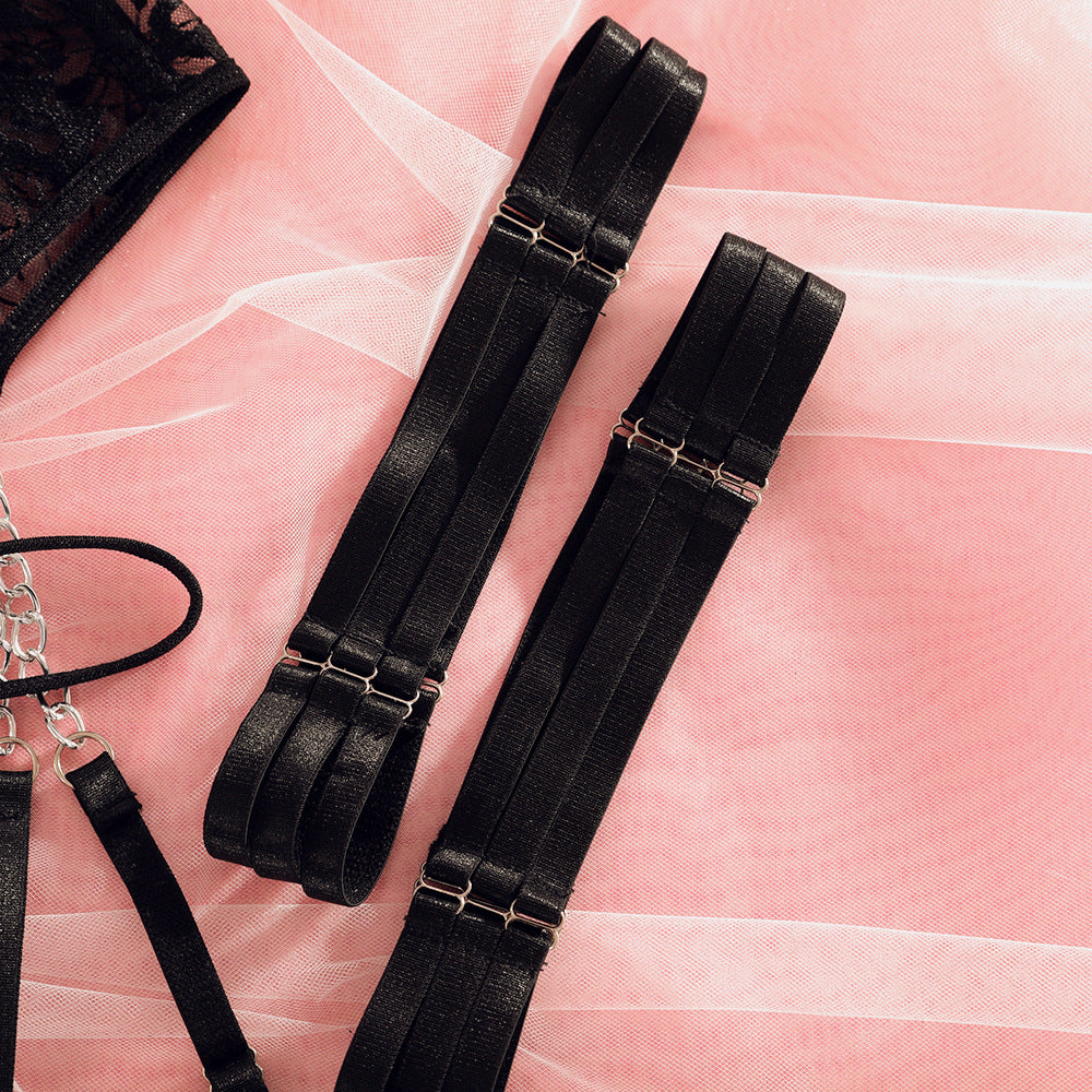 Mesh Embroidery Chain Garter Hollow Cross Lingerie Set
