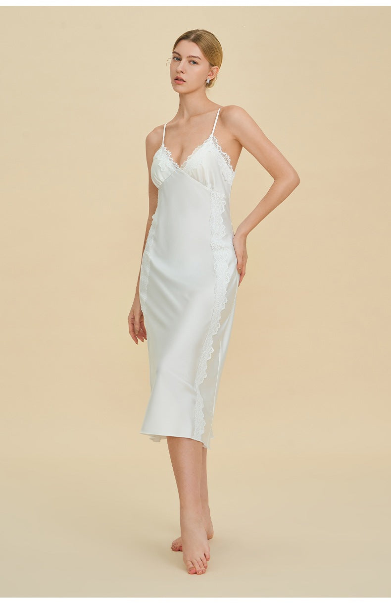 French Lace Deep V Slip Nightgown | Elegant Spaghetti Strap Sleepwear