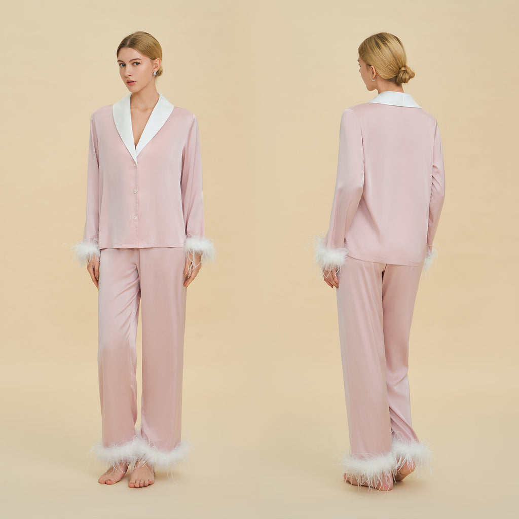Feather Trim Luxury Pajama Set | Premium Gift Loungewear