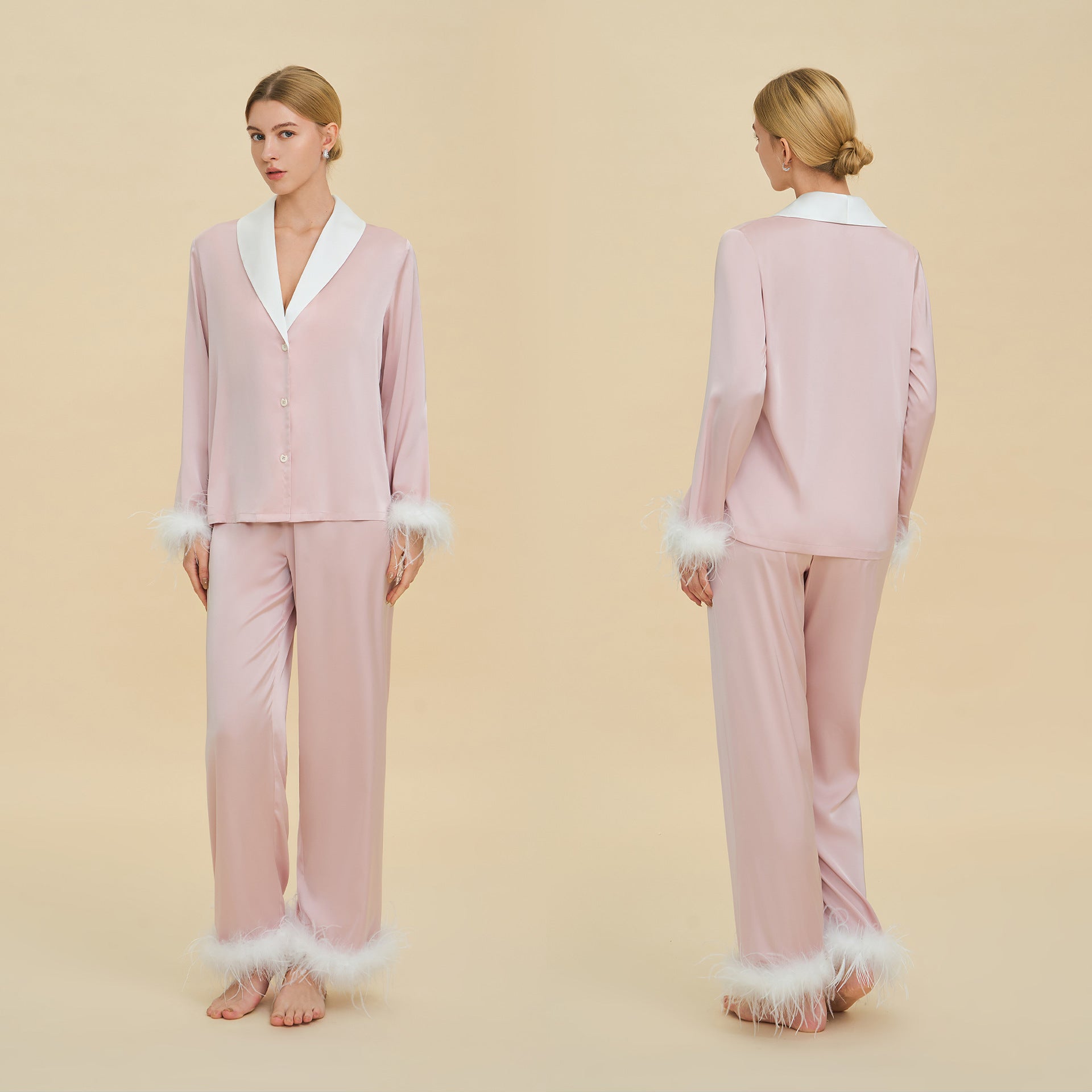 Feather Trim Luxury Pajama Set | Premium Gift Loungewear