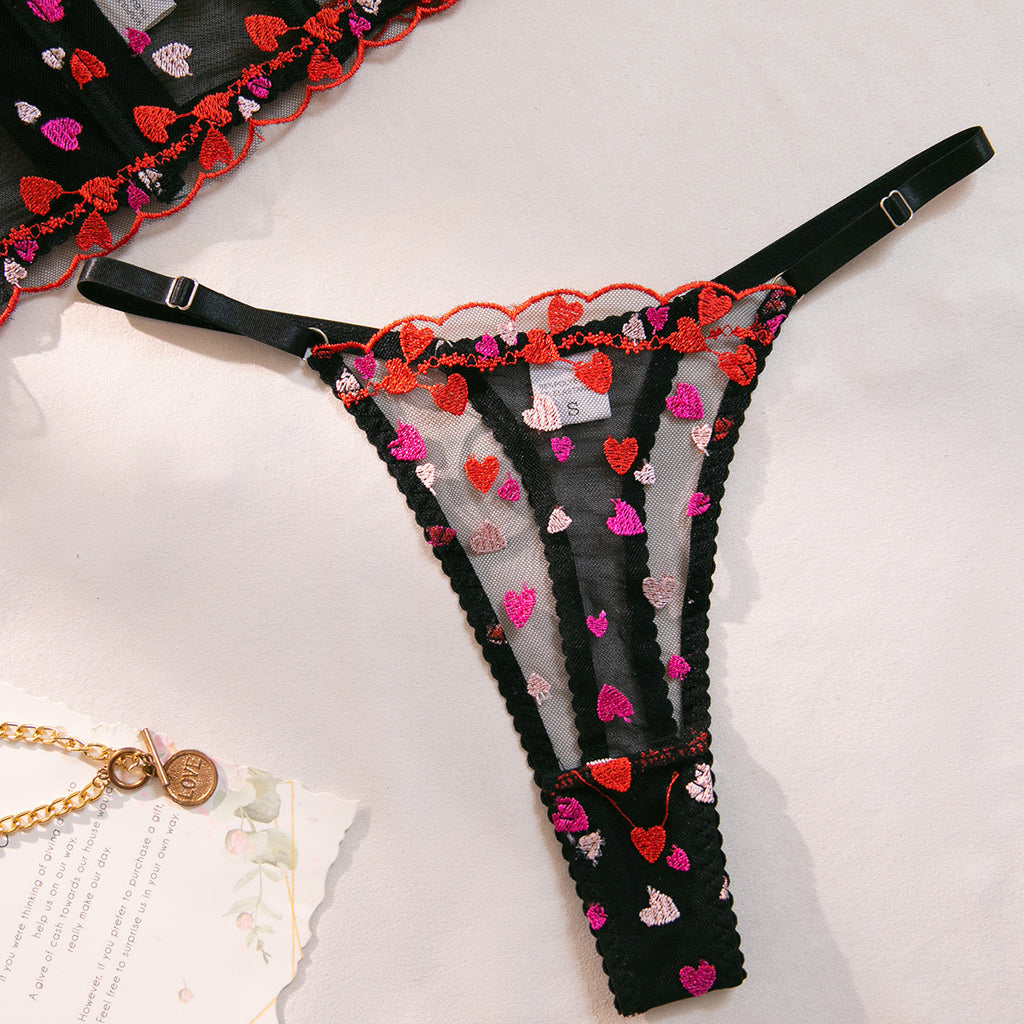 Heart Embroidery Mesh Underwire Lift Bra Set