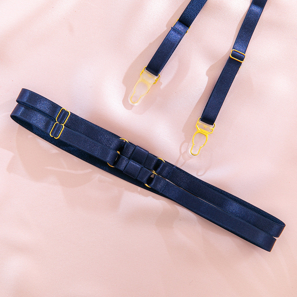 Navy Lace Halter Neck Gathering Sheer 3-Piece Lingerie Set