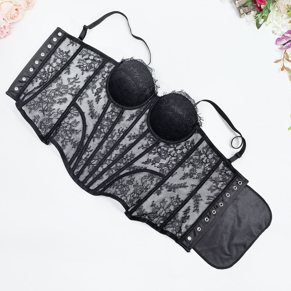 Lace Print Off-Shoulder Fishbone Corset Bra