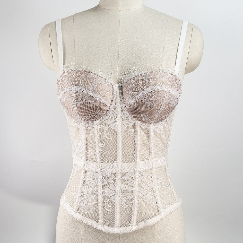 Solid Lace Off-Shoulder Fishbone Corset Bra