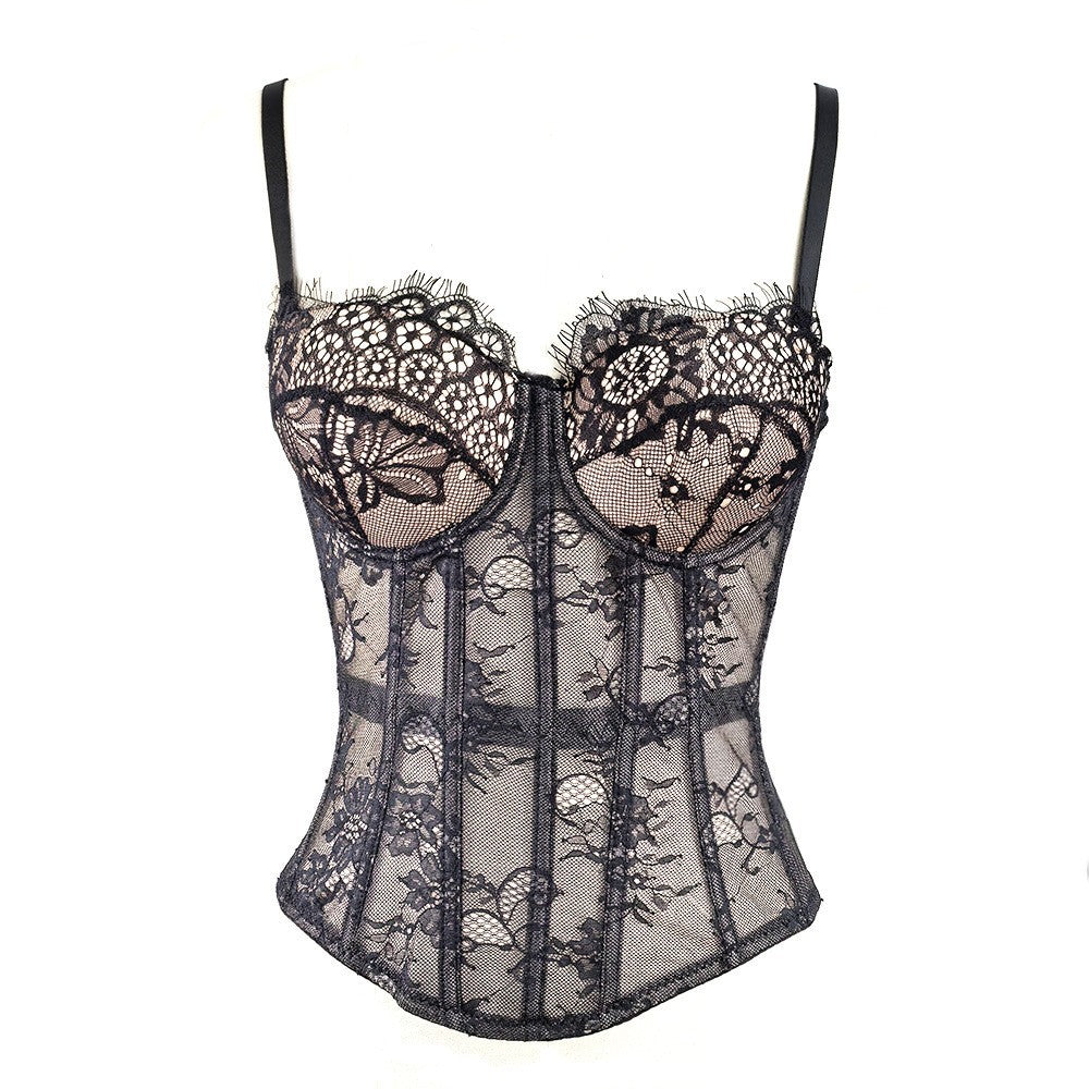 Solid Lace Off-Shoulder Fishbone Corset Bra