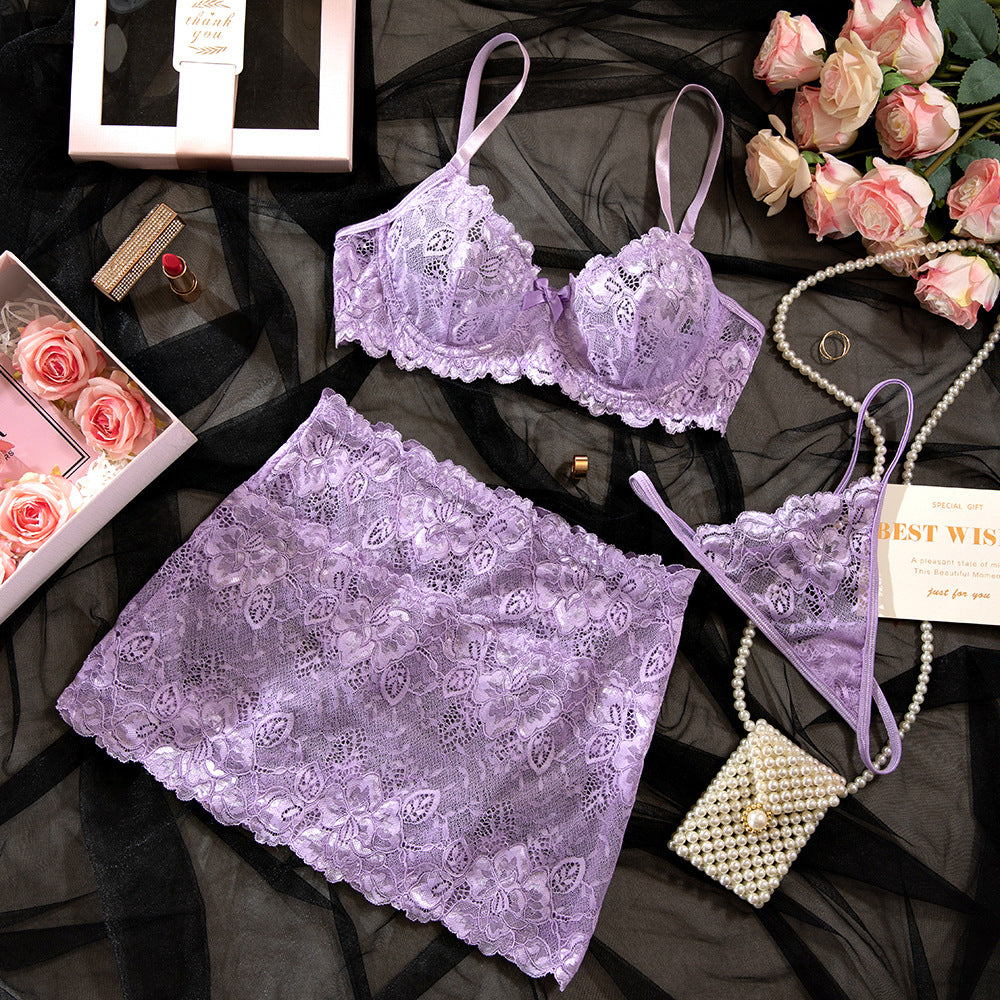 Lavender Lace Bow Bra Mini Skirt Set