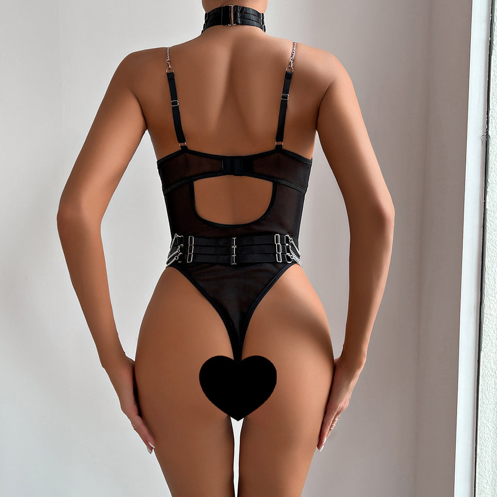 Chain Halter Neck Sheer Lift Goth Two-Piece Sexy Lingerie Set