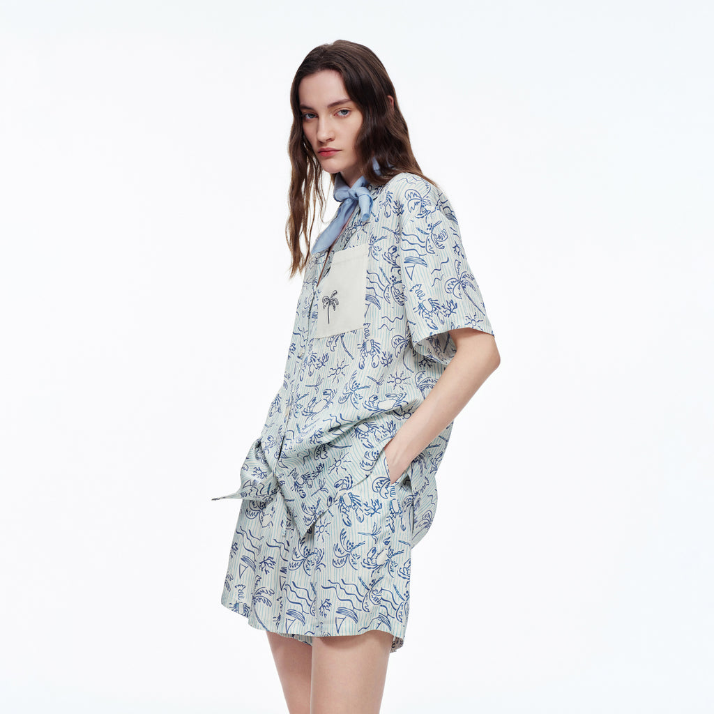 Blue Island Print Short Sleeve Pajama Set | Summer Loungewear You Can Wear Outside