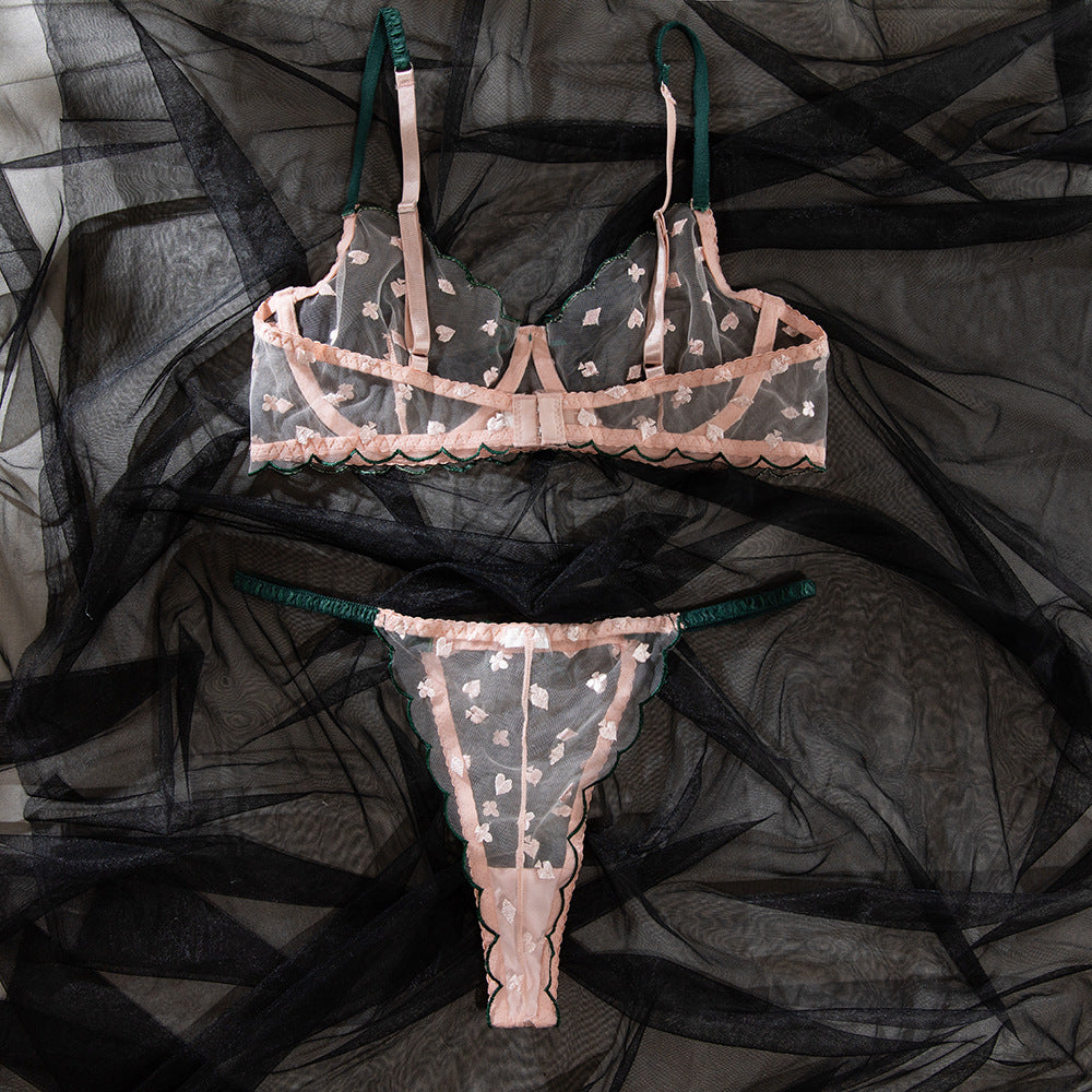 Printed Embroidery Sheer Lace Underwire Lift Bra Set