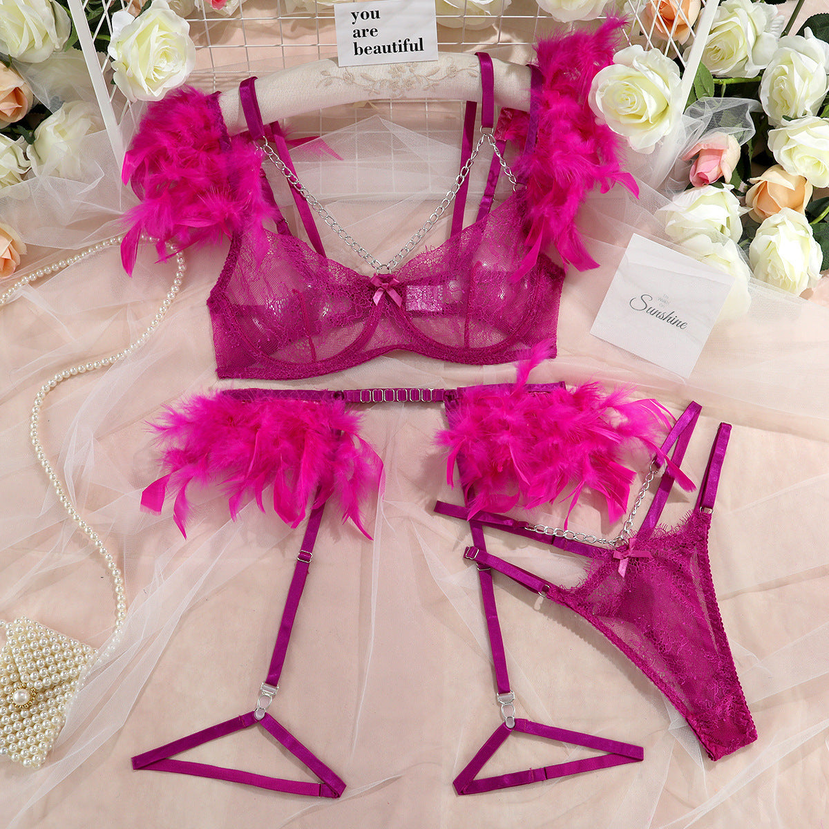 Feather Trim Lace Chain Slim Lingerie Set