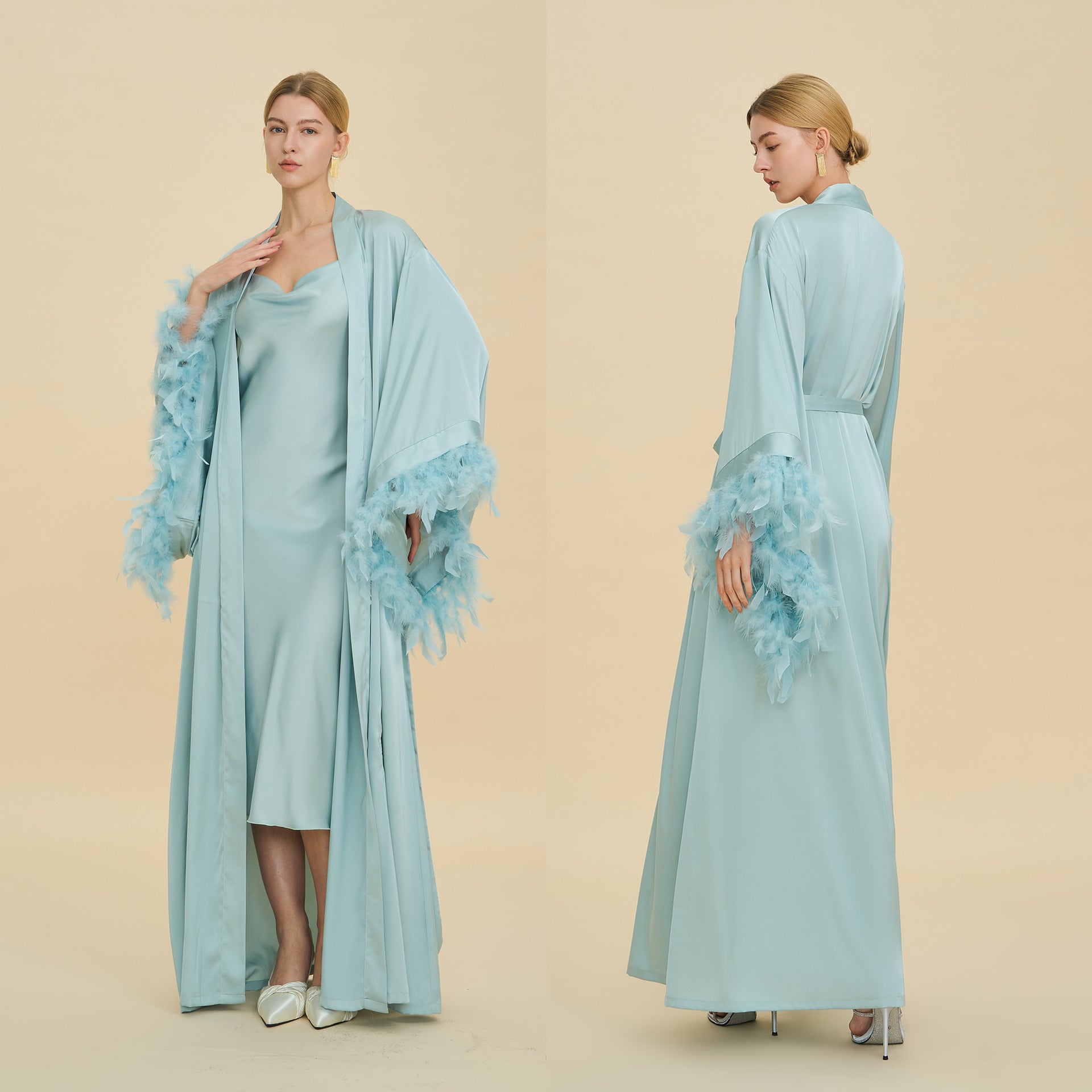 French Feather Trim Bridal Robe Set | Luxury Bridesmaid & Wedding Nightgown