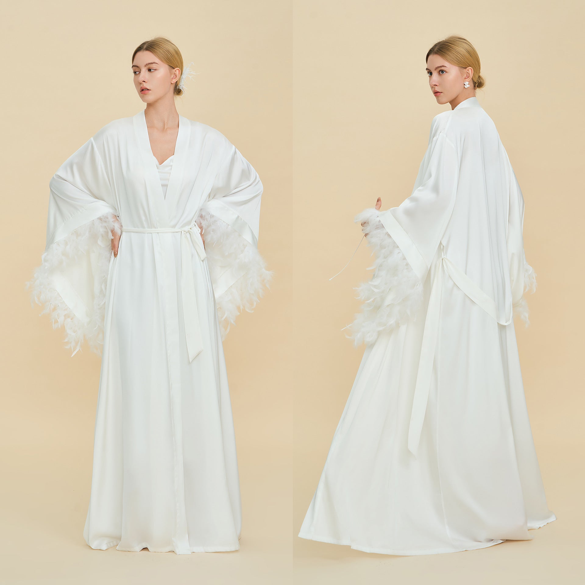 French Feather Trim Bridal Robe Set | Luxury Bridesmaid & Wedding Nightgown