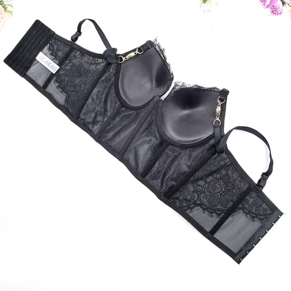 V-Neck Eyelash Lace Fishbone Corset Bra