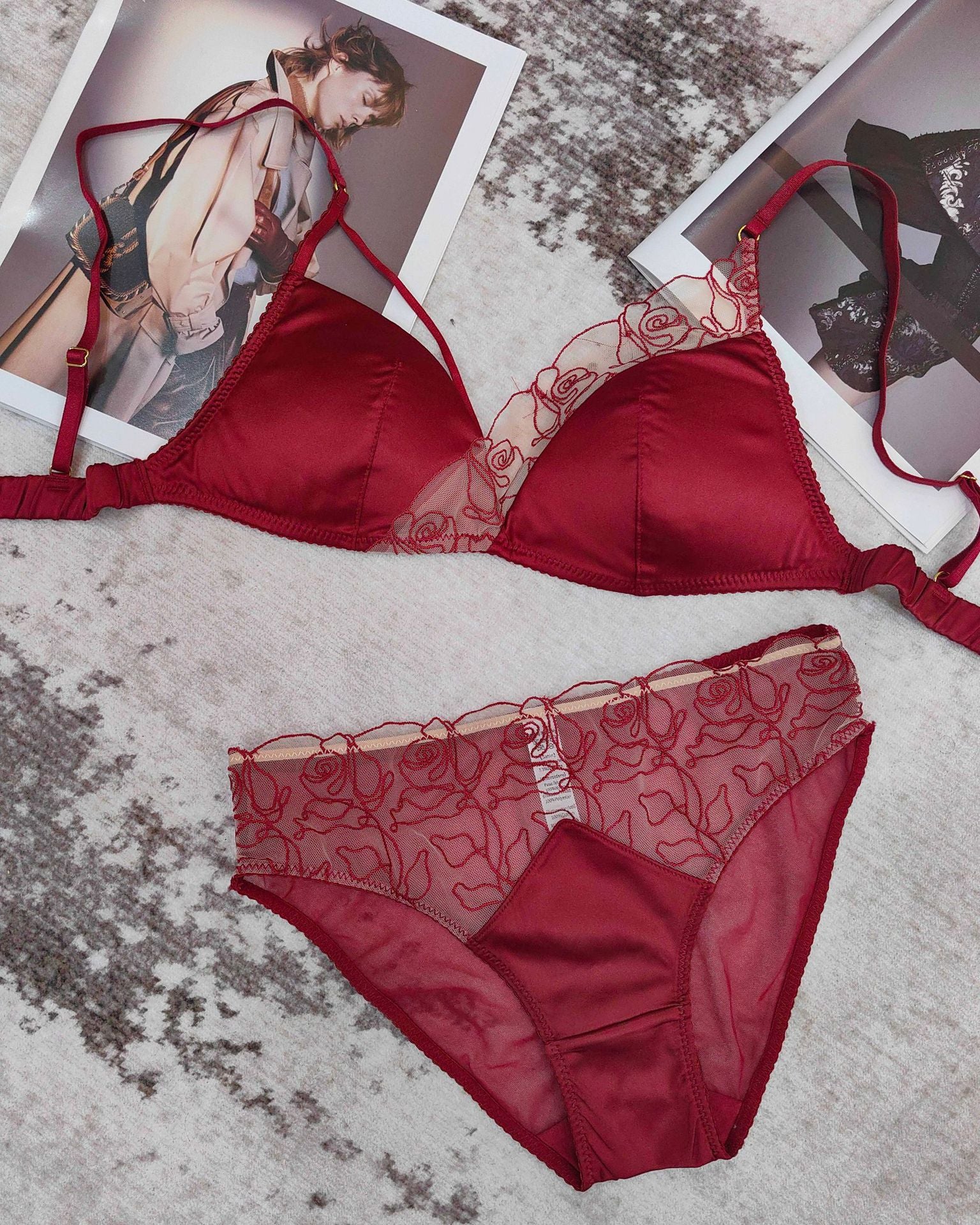 French Embroidered Lace Lingerie Set – Wireless Bra with Thong or Briefs | 5 Colors
