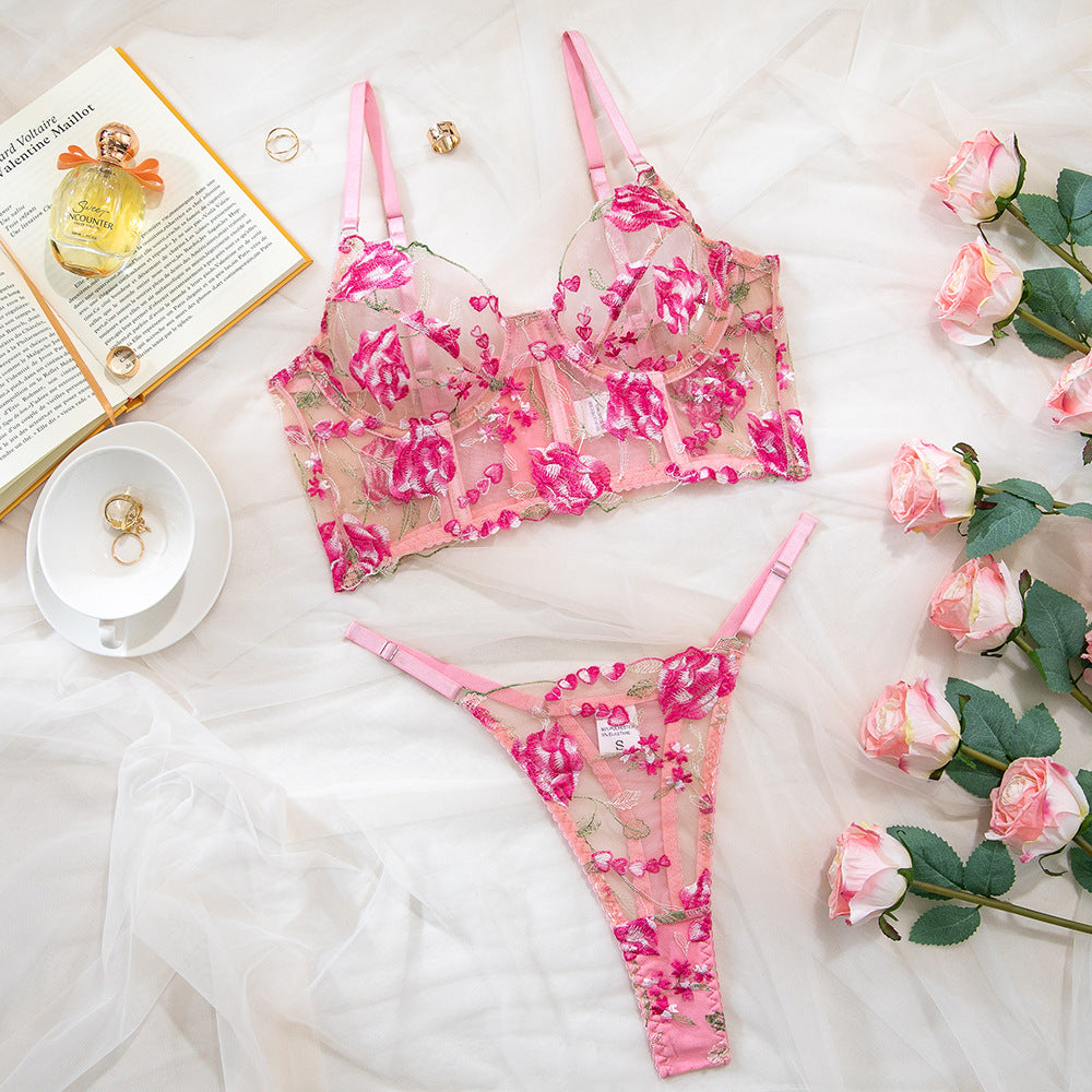Pink Floral Embroidery Sheer Mesh Underwire Fishbone Bra Set