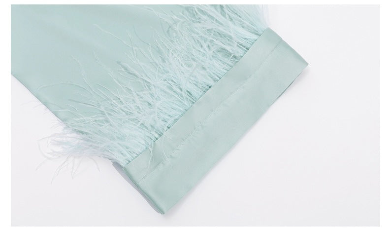 Ostrich Feather Cape Robe | Acetate Satin Luxury Loungewear