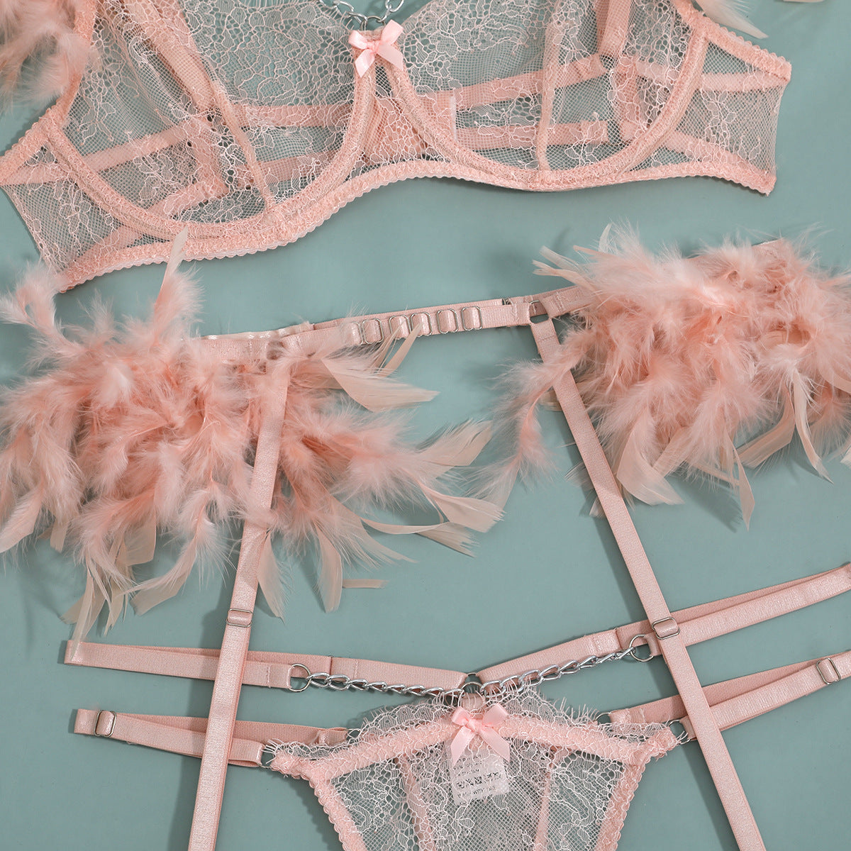 Feather Trim Lace Chain Slim Lingerie Set