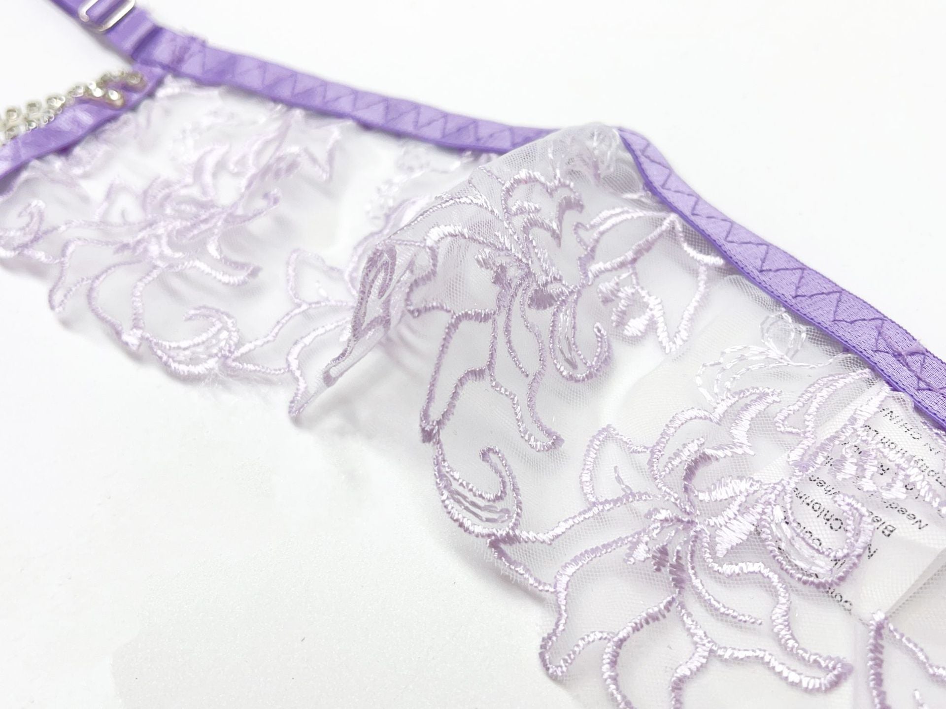 Lace Bra, Thong & Leg Ring Set – Sheer Embroidery, 3-Piece
