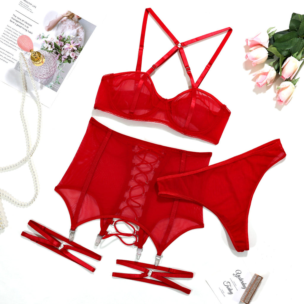 Sheer Mesh Cutout Cross-Strap Gathering