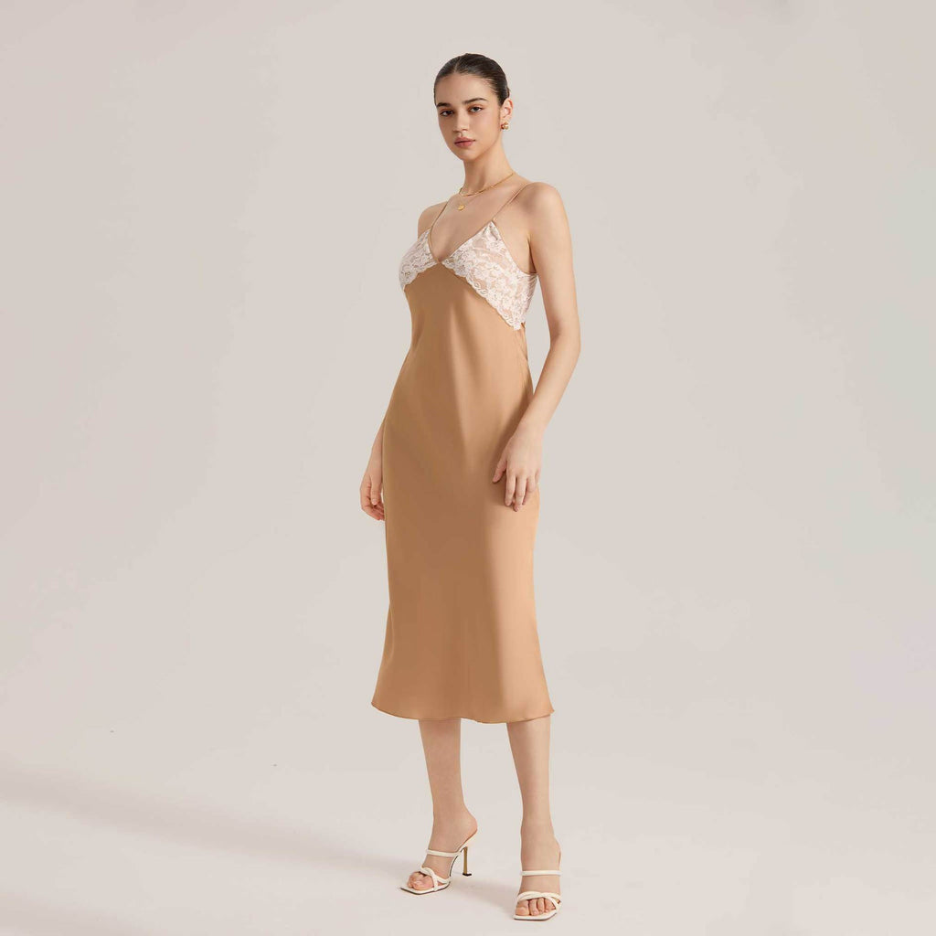Lace Splice Satin Chiffon Backless Spaghetti Strap Nightdress — Sexy Loungewear