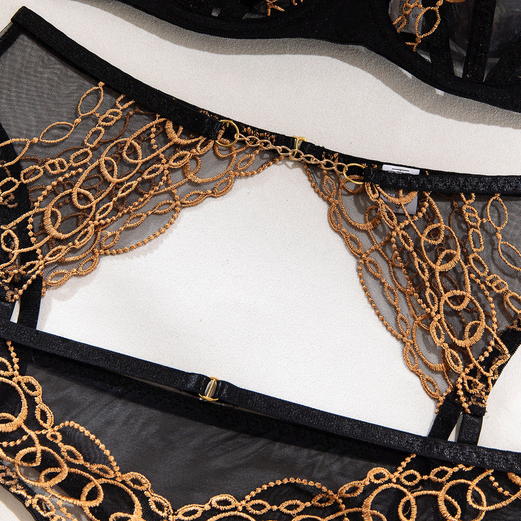 Black Lace Gold Thread Embroidery Underwire Garter Belt Leg Ring Lingerie Set