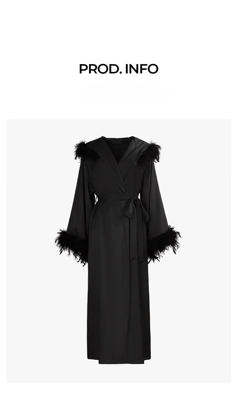 Hooded Feather Trim Long Robe | Detachable Luxury Loungewear