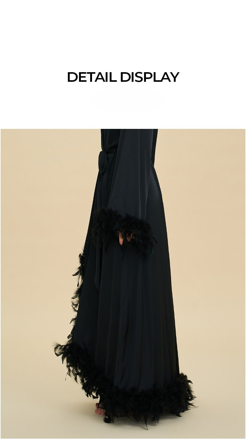 Feather Trim Trailing Long Morning Robe | Luxury Nightgown Robe